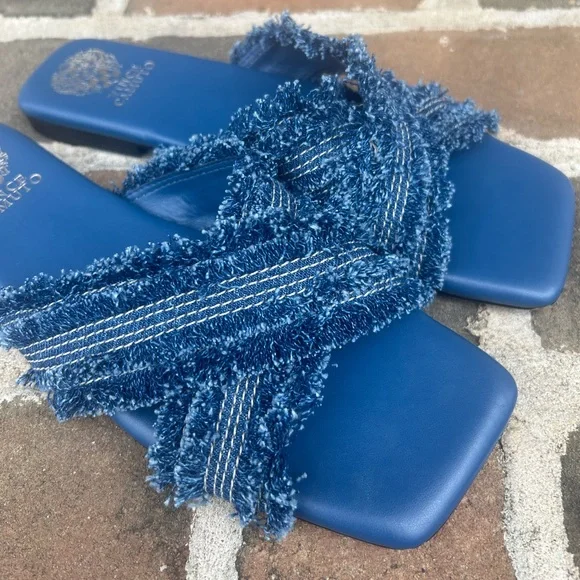 Vince Camuto Alanina Blue Denim Frayed Fringe Square Toe Flat Slides Mules 10 - Picture 2 of 8